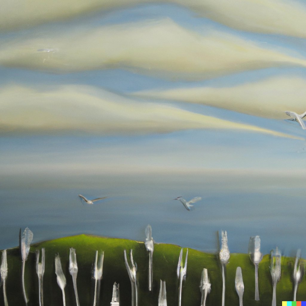 dalletron's tweet photo. A flock of forks flying through a summer sky, ocean and mountains in the background, oil painting. https://t.co/suRIflllSP