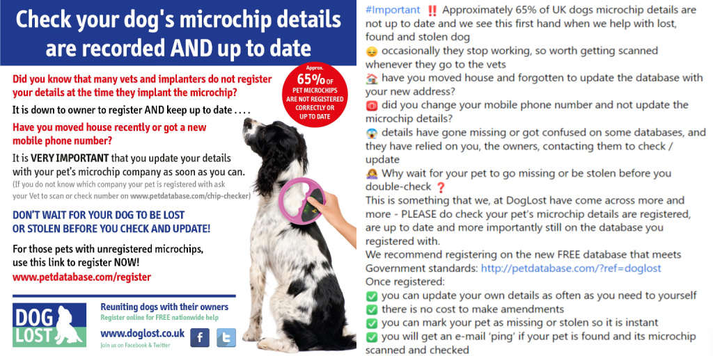 DogLostUK's tweet image. Check your #Pets #Microchip is registered &amp;amp; that your contact details are up to date 

We recommend registering with / transferring to @petdatabasecom the new FREE database that meets Government standards ➡️ petdatabase.com/?ref=doglost

#CheckYourChip #CheckTheChip #Dogs #DogLostUK