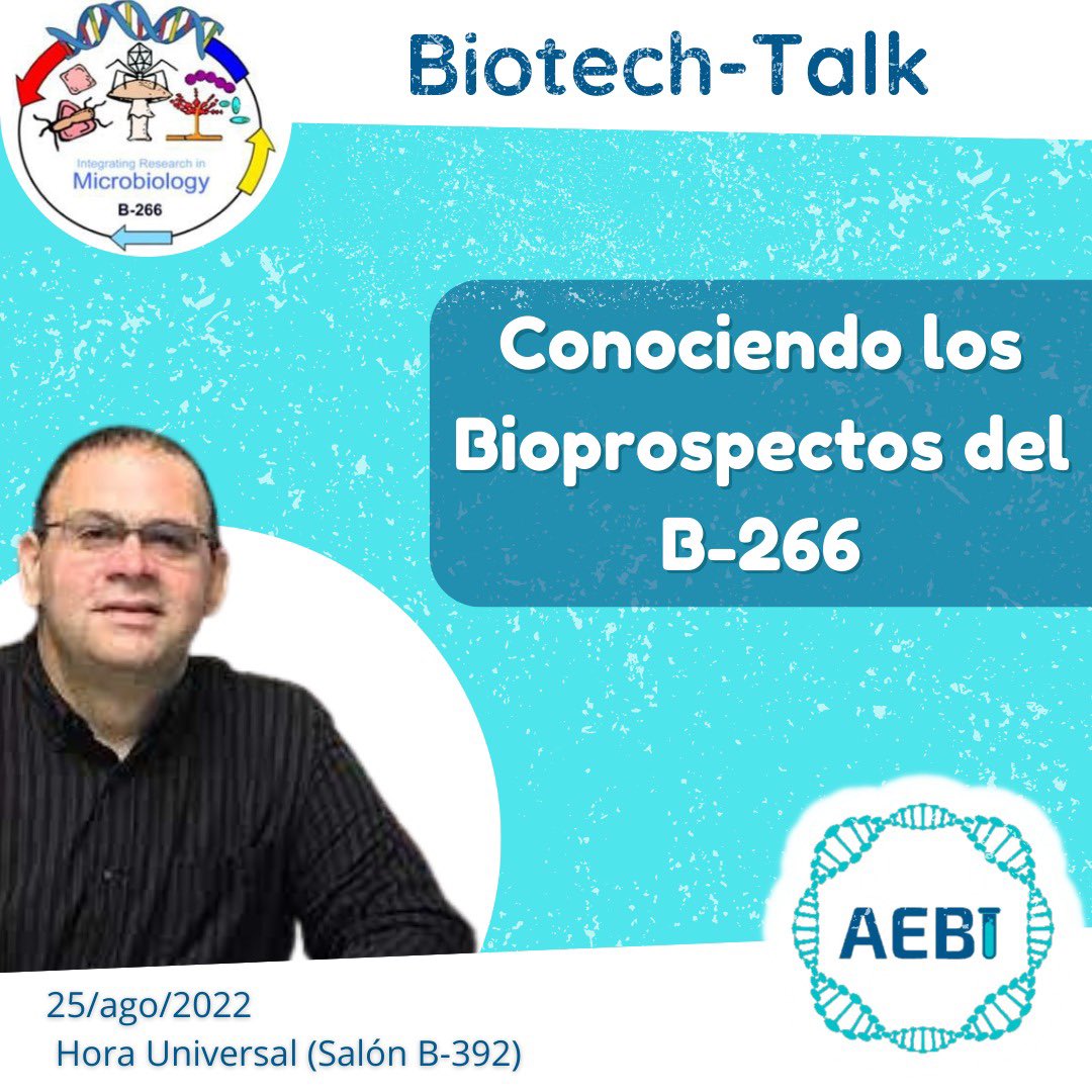 aebiRUM's tweet photo. ¡Saludos Aebiaxs!
AEBI te invita a nuestro biotech-talk con el Dr. Carlos Ríos Velázquez. Estaremos conociendo los bio prospectos del laboratorio B-266. Los esperamos este jueves, 25 de agosto a la hora universal en el salón B-392.      #aebi #colegial #biotec https://t.co/B17y8P7l5Q