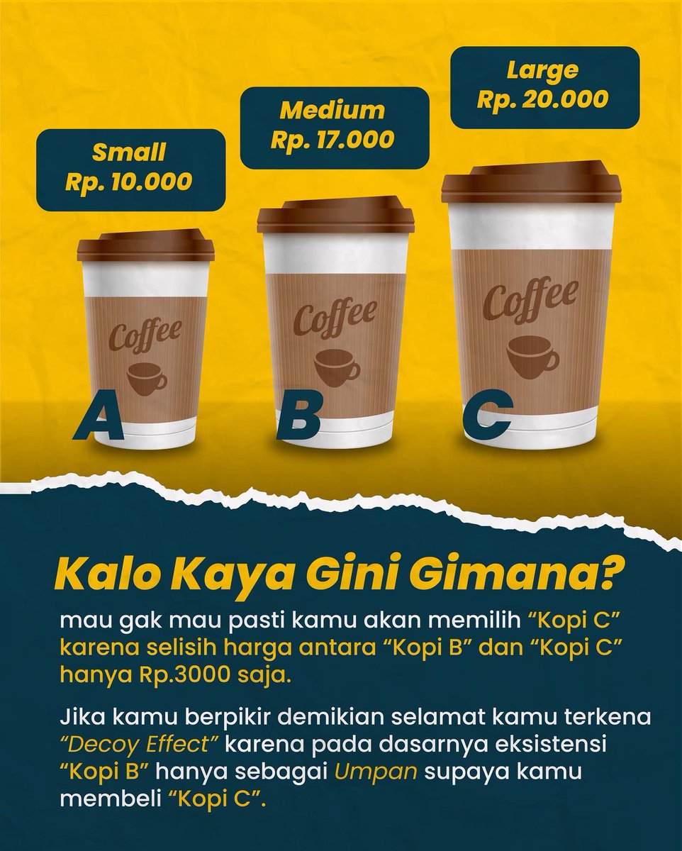 txtdrpengusaha's tweet photo. Biasanya, saat ada dua pilihan, orang akan memilih sesuai dengan kebutuhan. Namun pertimbangan ini bisa berubah saat ada 3 pilihan.
#decoyeffect #strategimarketing #penjualan #pengusaha #txtdrpengusaha https://t.co/TFf6NQ2yox
