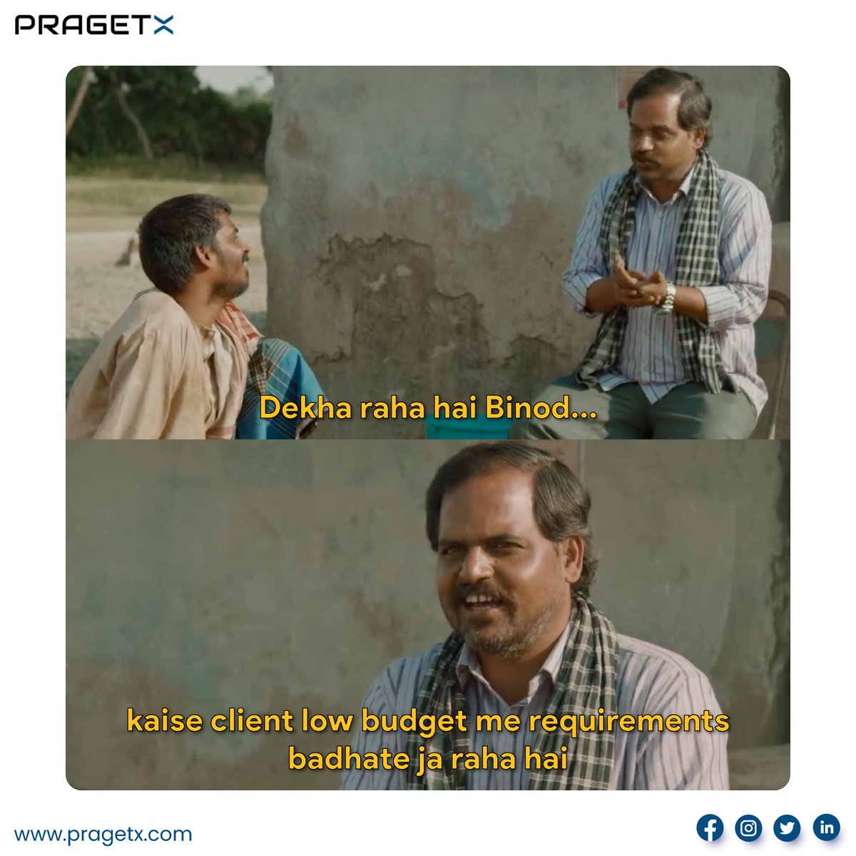PragetX's tweet photo. Low budget and never ending requirements 😢
.
#pragetx #mememarketing #memes #memeoftheday #corporatememes #developermemes #itmemes #developermemes #clientmeme #clientes #clientwork #client #panchayat #panchayatmeme #binodmemes #binod #memeoftheday #memes2022 #memepage https://t.co/1YX3pdd9gX
