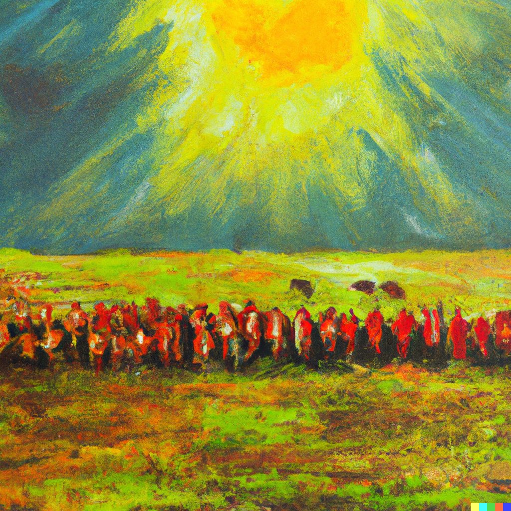 dalletron's tweet photo. A flock of humans grazing in the sun, oil painting. https://t.co/HCIMIegsTX