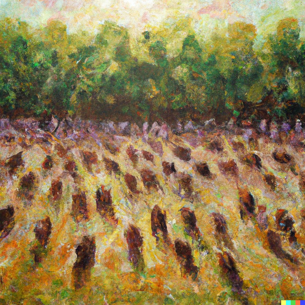 dalletron's tweet photo. A flock of humans grazing in the sun, oil painting. https://t.co/HCIMIegsTX