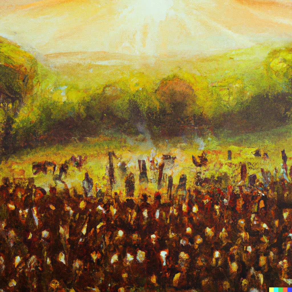 dalletron's tweet photo. A flock of humans grazing in the sun, oil painting. https://t.co/HCIMIegsTX