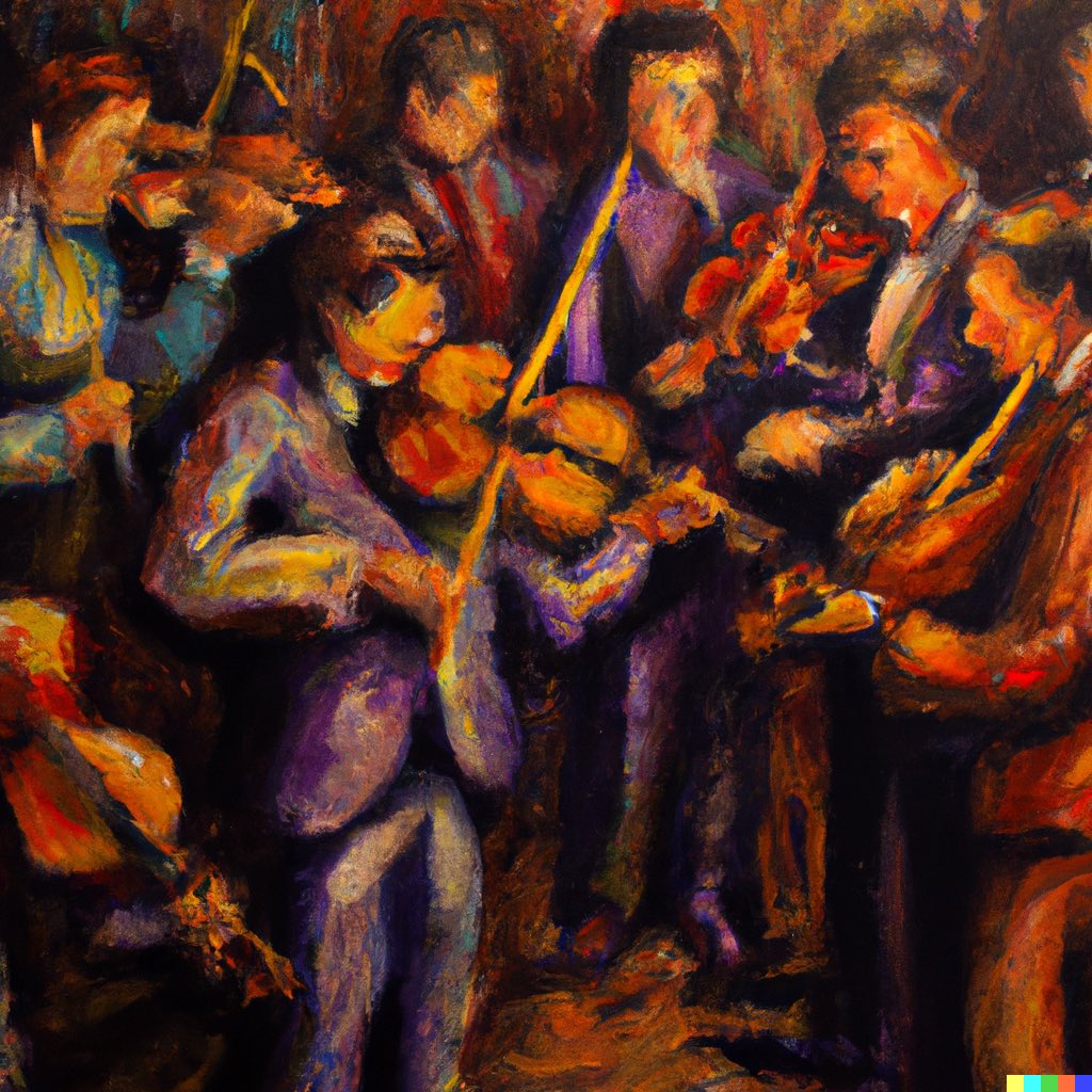 dalletron's tweet photo. Violin party, oil painting. https://t.co/UwqgA4pKeb