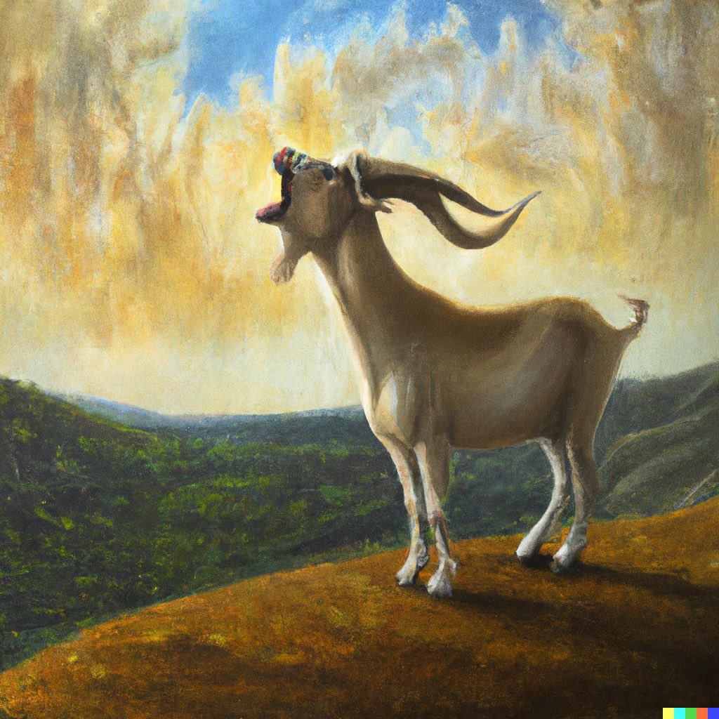 dalletron's tweet photo. Goat screaming on a mountain top far away, oil painting. https://t.co/ytWSEMTHH7