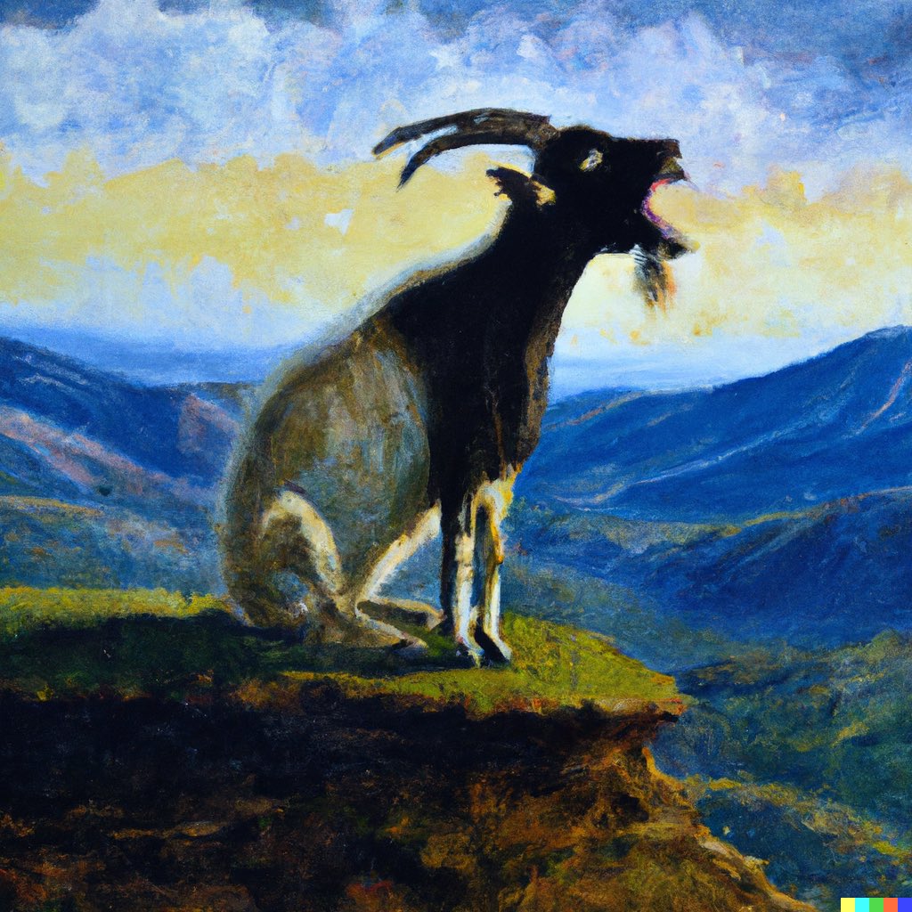 dalletron's tweet photo. Goat screaming on a mountain top far away, oil painting. https://t.co/ytWSEMTHH7