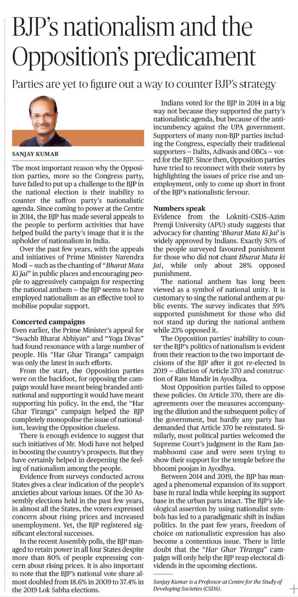 sanjay_election's tweet photo. My article in The Hindu, August 24, 2022. @LoknitiCSDS @csdsdelhi https://t.co/ZEkUKtTRiS
