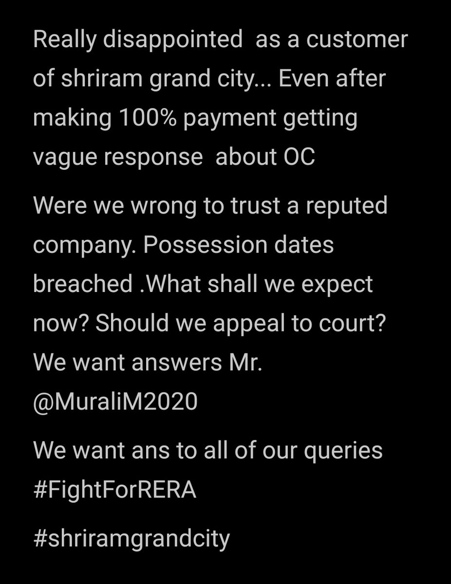 aich_indrani's tweet photo. Sir kindly look into the matter
@MuraliM2020 
When can we expect our OC? Aren't we cheated?
 #FightForRERA
#shriramgrandcity https://t.co/lQajl6yAkd
