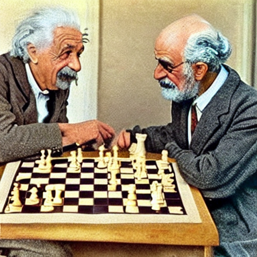 tiveor's tweet photo. Albert Einstein playing chess with Sigmund Freud in colors https://t.co/34WDZsltGU