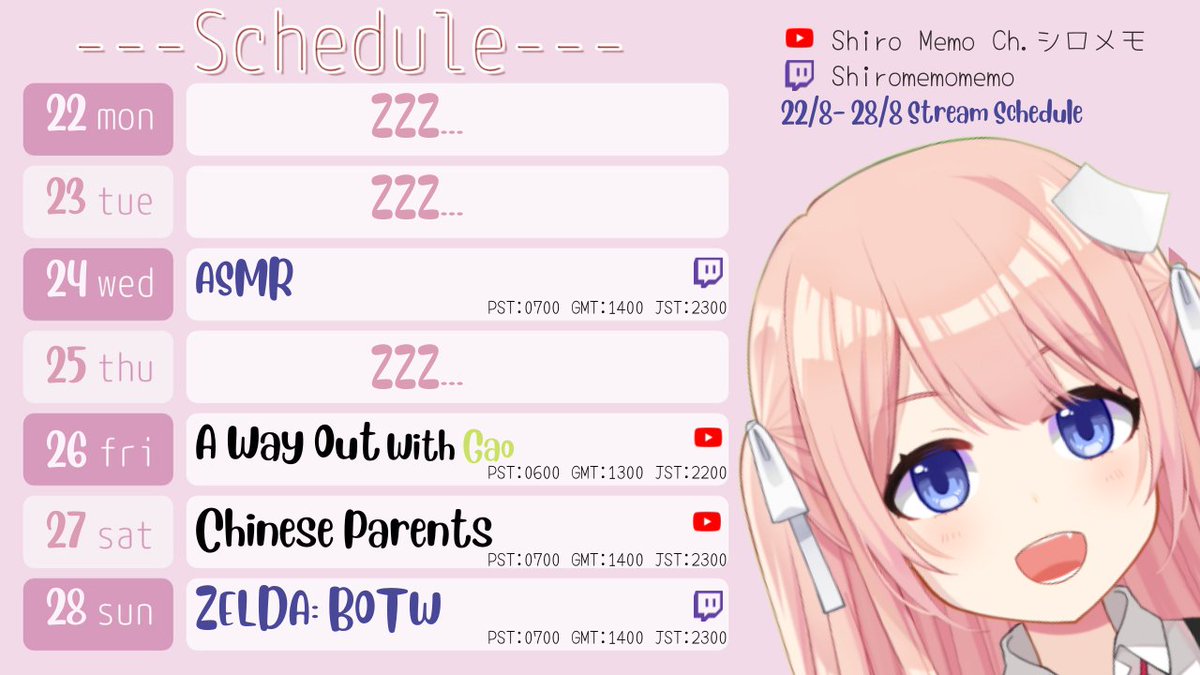ShiroMemomemo's tweet photo. 【Schedule!!】22/8 - 28/8
Haiya sons and daughters be sure to be there for the stream!!
・General: #Shiromemo
・Stream: #MemoReSTART
・Fan Art: #MEMOsketch
・Fan name: #memodachi
・Meme/clips/funny video: #mememo
Schedule art @/yuentsz123
#envtuber #vtuber https://t.co/micuLFXu5B