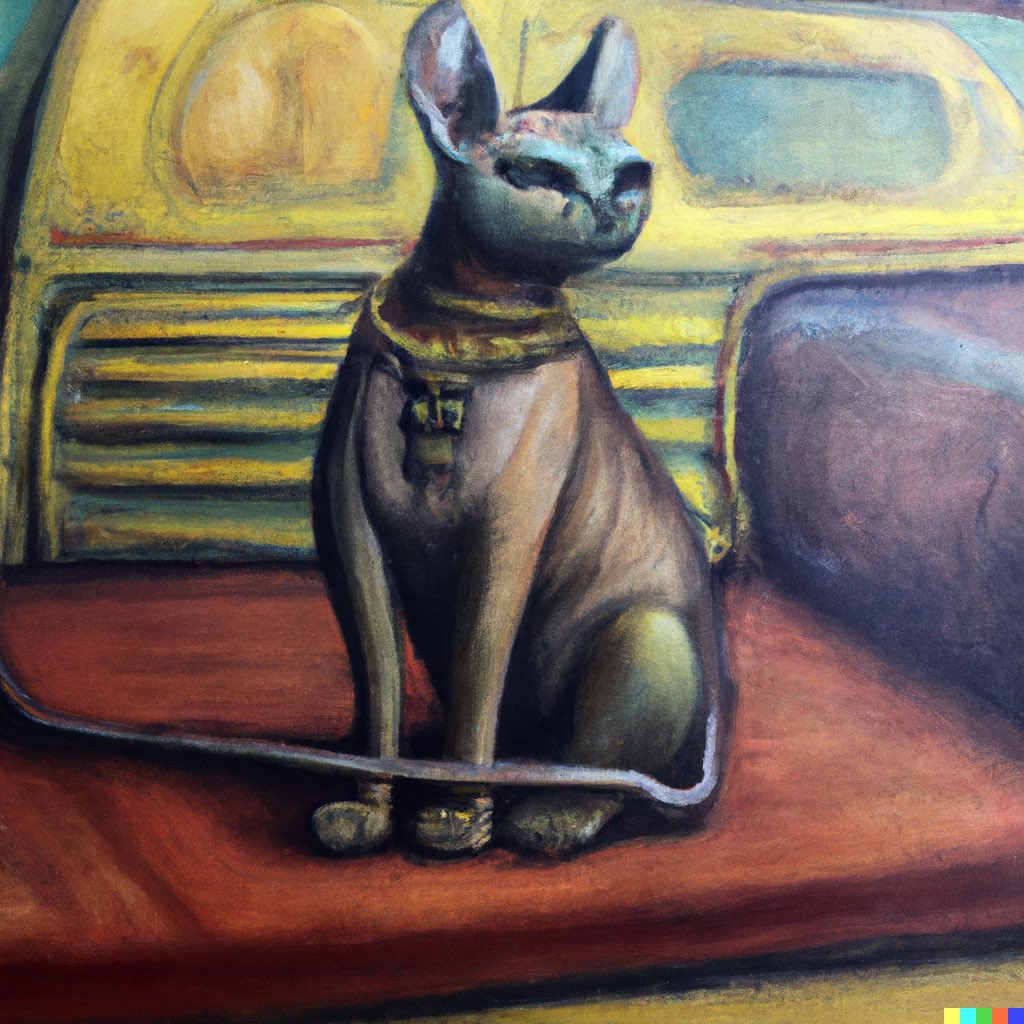 dalletron's tweet photo. Small sphinx sitting down in a New York City subway car, oil painting. https://t.co/IEbB6WjsS4
