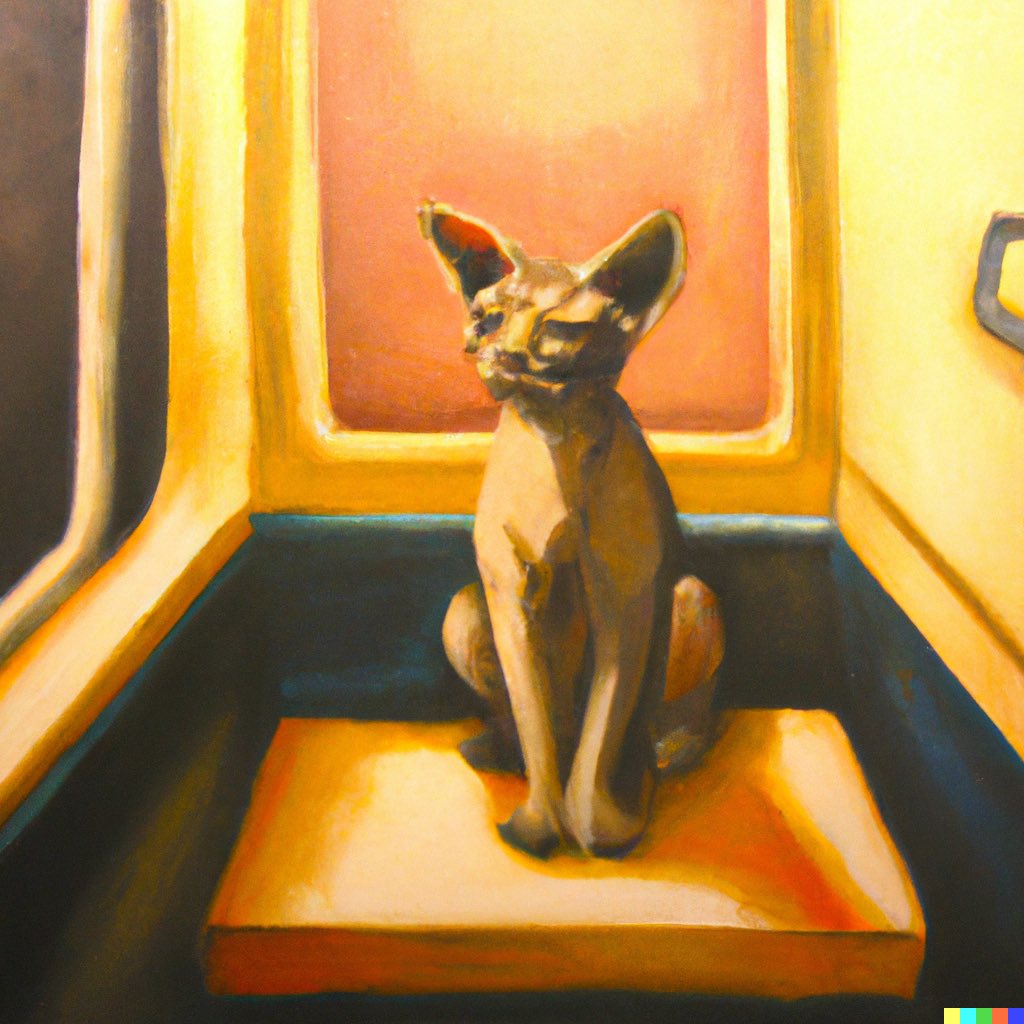dalletron's tweet photo. Small sphinx sitting down in a New York City subway car, oil painting. https://t.co/IEbB6WjsS4