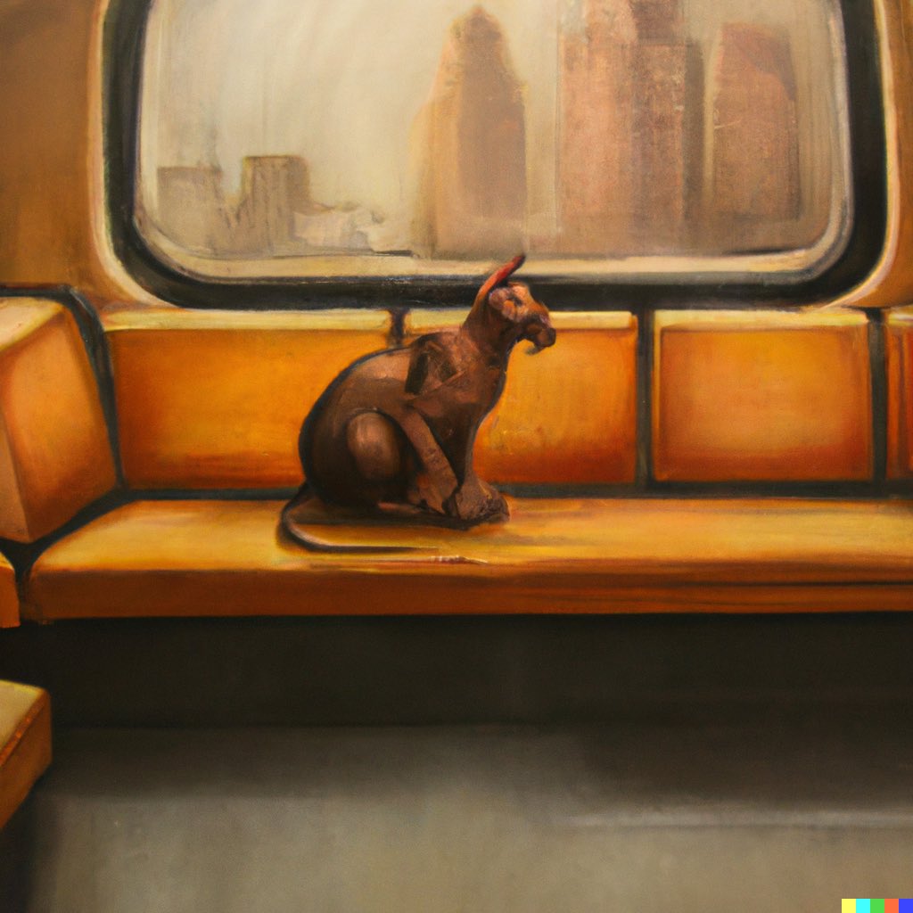dalletron's tweet photo. Small sphinx sitting down in a New York City subway car, oil painting. https://t.co/IEbB6WjsS4