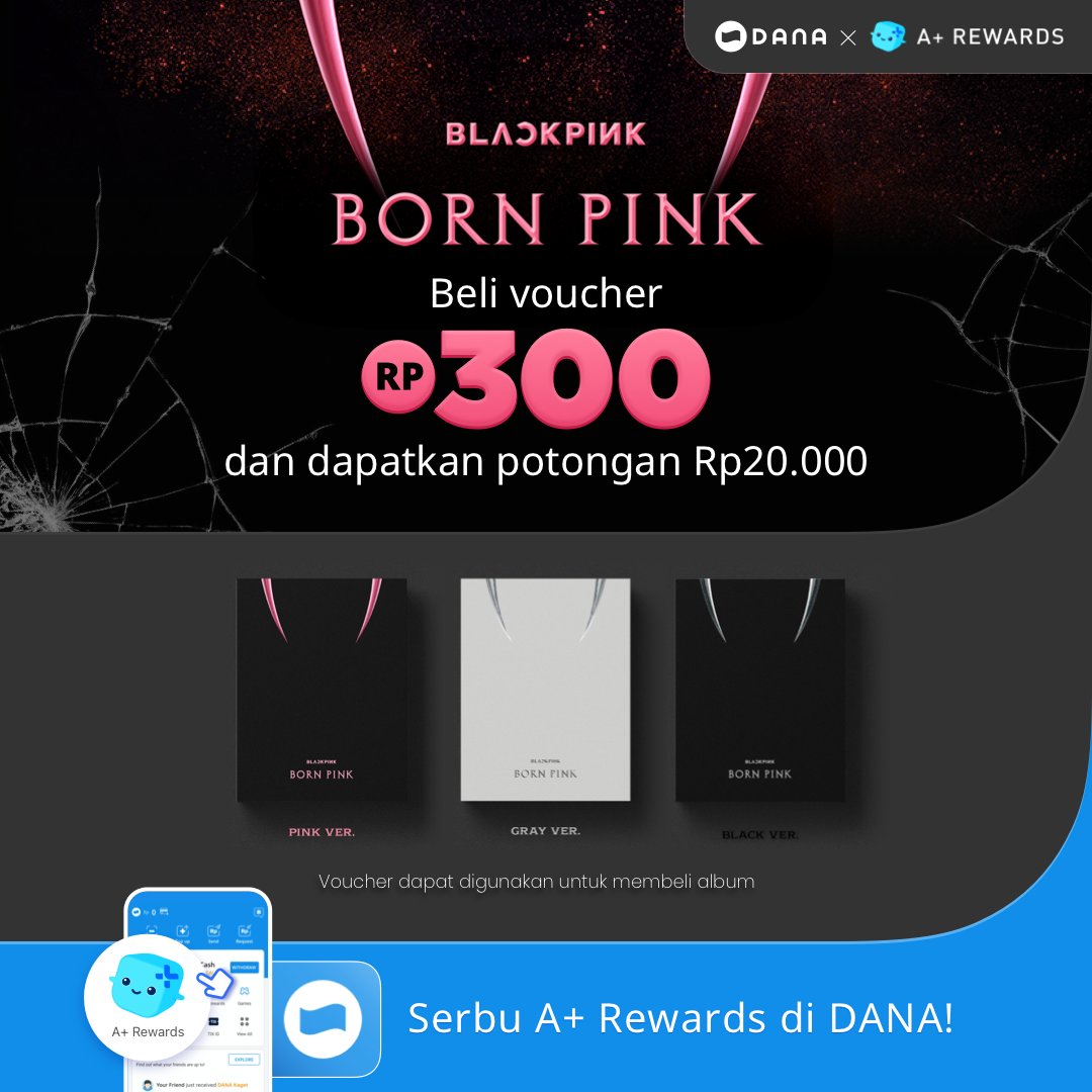 danawallet's tweet photo. BlackPink In Your Areaahh~ yuhuuu ada kabar baik buat kamuu. Beli Voucher Rp300 di A+ Rewards bisa dapat potongan sebesar Rp20Rb lho! Vouchernya bisa dipakai untuk beli album baru BLACKPINK😍. Buruan serbuuu A+ Rewards di DANA kamu sekarang! #APlusRewards #BORNPINK #PINKVENOM https://t.co/O9y45tFI8H