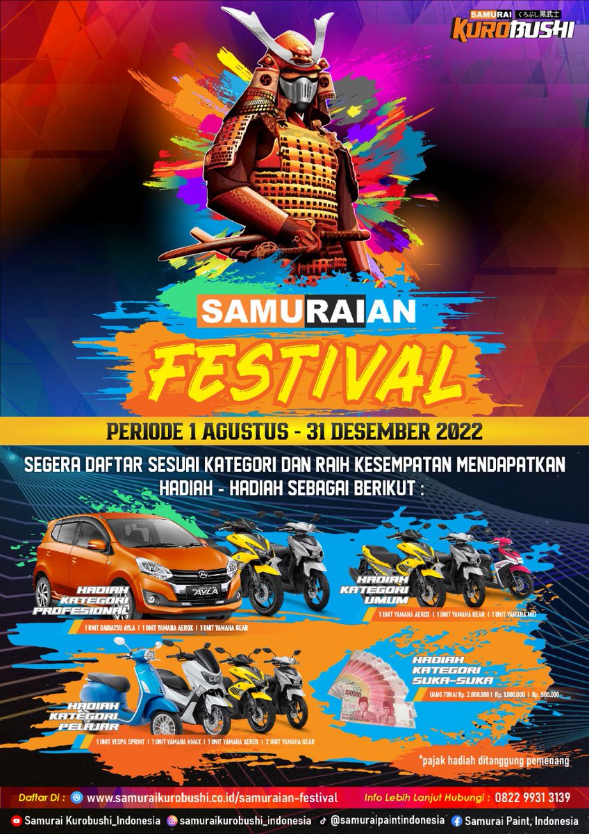 samurai_paint's tweet photo. Halo Samuraian!!!
Tunjukan Kreativitas terbaikmu dan bersiaplah membawa pulang 𝐇𝐀𝐃𝐈𝐀𝐇 𝐑𝐀𝐓𝐔𝐒𝐀𝐍 𝐉𝐔𝐓𝐀 𝐑𝐔𝐏𝐈𝐀𝐇 untuk 𝗥𝗔𝗧𝗨𝗦𝗔𝗡 𝗣𝗘𝗠𝗘𝗡𝗔𝗡𝗚 hanya di 𝗦𝗮𝗺𝘂𝗿𝗮𝗶𝗮𝗻 𝗙𝗲𝘀𝘁𝗶𝘃𝗮𝗹 🥳
𝐏𝐞𝐧𝐝𝐚𝐟𝐭𝐚𝐫𝐚𝐧 𝐆𝐑𝐀𝐓𝐈𝐒 ‼️
https://t.co/jXtzW0lPWA https://t.co/Yt5TAofjHa