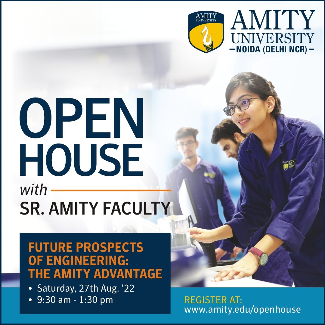 Amity_EEE's tweet photo. Join Open House with Senior Amity Faculty on theme of " Future Prospects of Engineering :The Amity Advantage"on Saturday 27 Aug 9:30 am-01:30pm 
The link for joining Session is 👉https://t.co/mYjOUu9M6L
#Engineering #engineeringeducation 
@dr_hpsingh @AmityUni https://t.co/H3IjRkTFe2