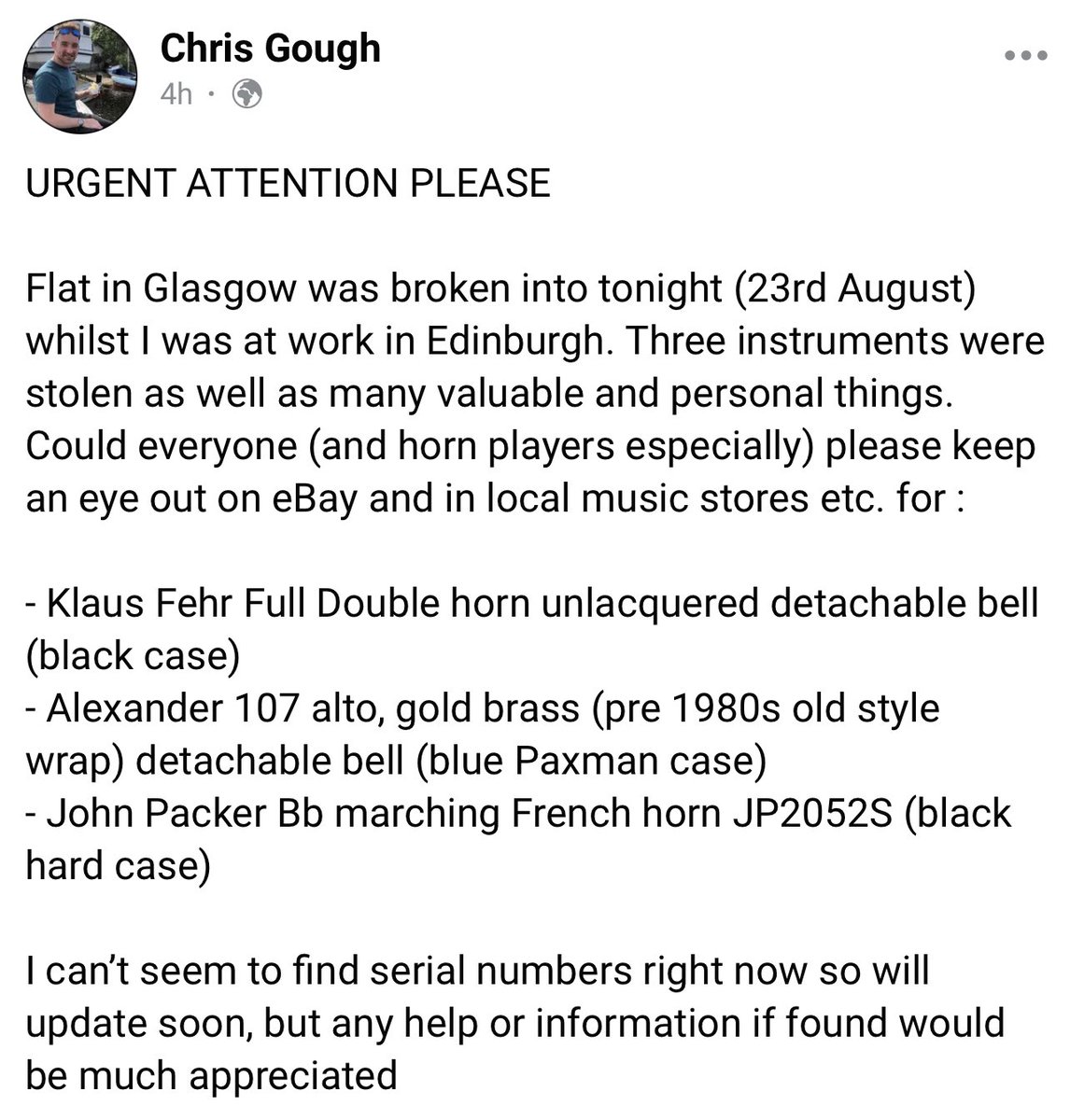 kursedtea's tweet image. Stolen instruments!!! Horn players, brass player especially please read. (Just awful for Chris to come home to)