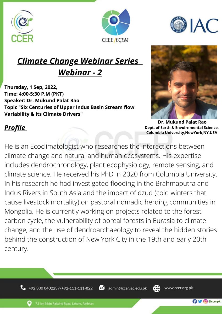 We are pleased to have Dr. Mukund Palat Rao as a speaker for 2nd Webinar of Centre for Climate and Environmental Research (CCER). 
Registration Link : 
docs.google.com/forms/d/e/1FAI…
#upperindusbasin #webinar #climateaction #climatedrivers #waterfootprints #sdgs #ClimateJournalism