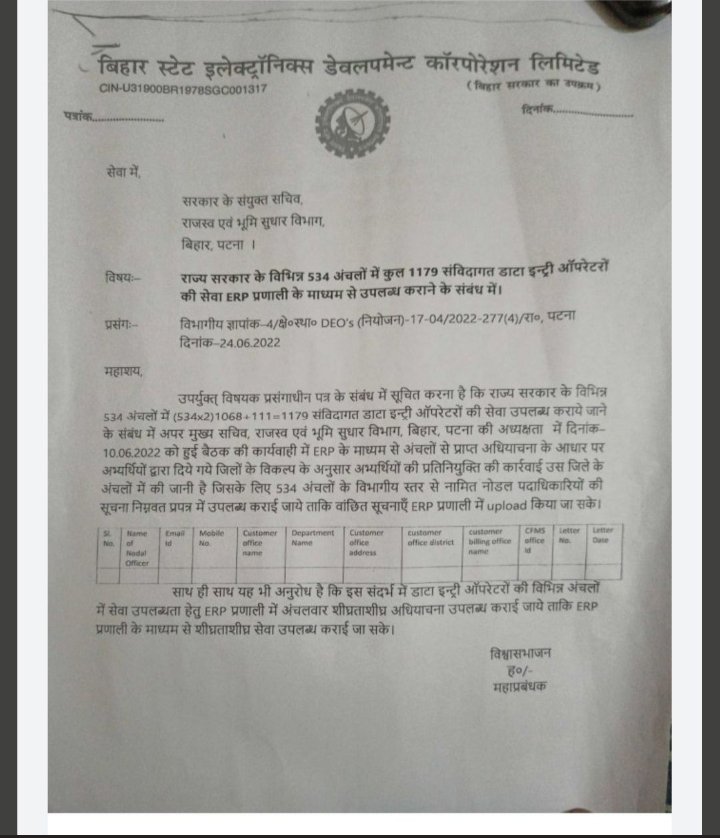 singhrupesh333's tweet photo. #BELTRON_WAITING_CANDIDATES_WANT_JOINING
Beltron me bhumi sudhar bibhag ka अधियाचना आने के बाद भी ज्वाइनिंग क्यों नही दिया जा रहा है 
@NitishKumar @SantoshKMall1 @BiharRevenue @AlokMehtaMP @murarigautammla @yadavtejashwi @IsrailRjd @pushpampc13 https://t.co/gIWyqrrT1g