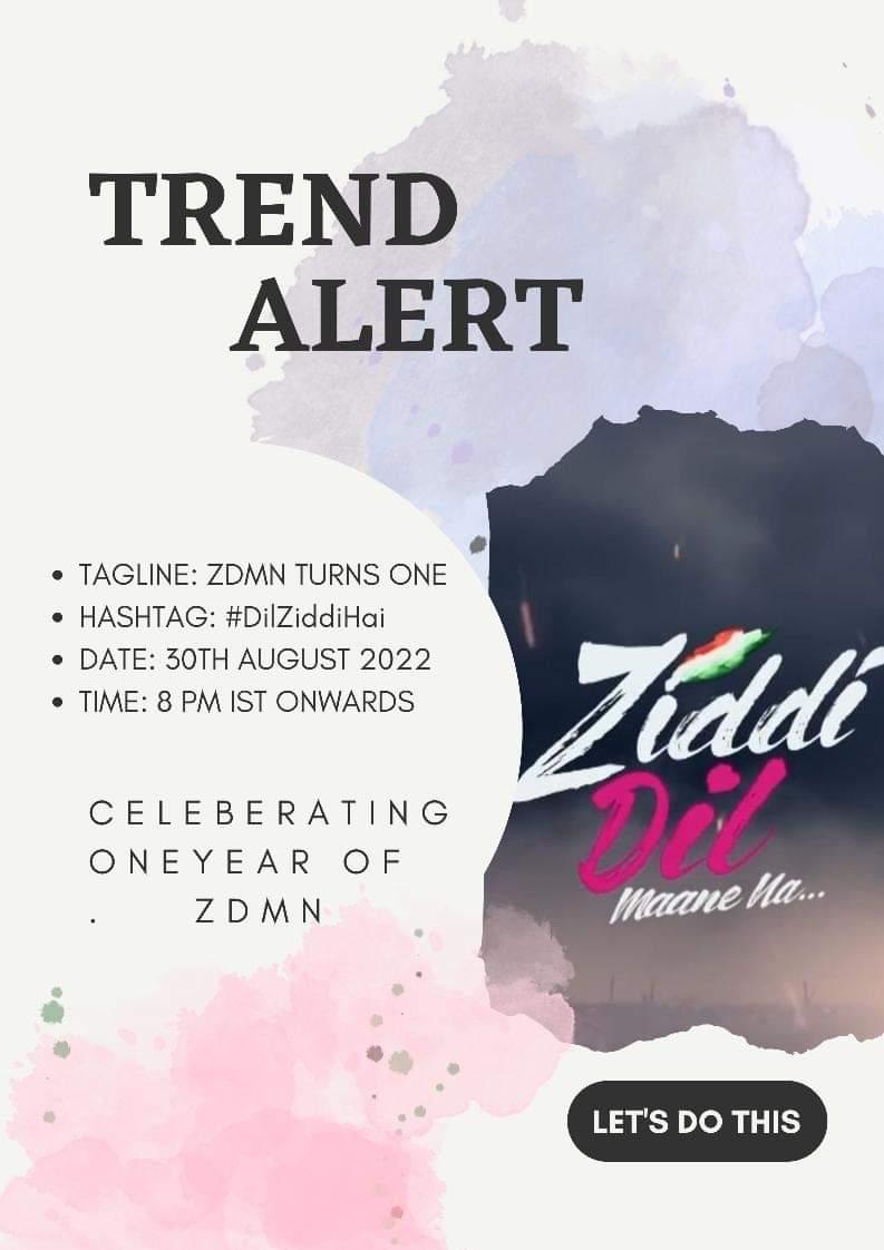 Do baatein.. 🥺
Pehli : It's our #ZiddiDilMaaneNa show's first birthday 🎂
Dusri : phir celebrate krna banta hain vahi humare purane style mein.. 

Need whole fd together for this bcs isi show ko vajah se hume #MoRan #SidSa #Koezi #Simi #Karzi ... Mile hai
