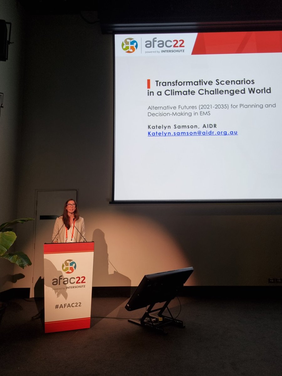 Katelyn Samson (<a href="/AIDR_News/">AIDR</a>) shares insights from the research behind the Transformative Scenarios in a Climate-Challenged World resources (bnhcrc.com.au/resources/guid…) developed through the <a href="/bnhcrc/">BNHCRC</a> project with <a href="/reospartners/">Reos Partners</a> <a href="/ResearchRMIT/">RMIT Research</a> + the <a href="/AFACnews/">AFAC</a> Climate Change Group #AFAC22