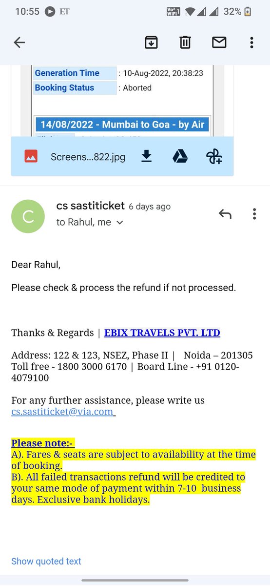 jay123_patel's tweet photo. @Sastiticket kindly reply on refund for transaction id:-PRL0BZ6OPIZ &amp; PRL0BZ6KW1C.awaiting for the Rahul in attached screenshot to revert. https://t.co/zFvFMcIB9v