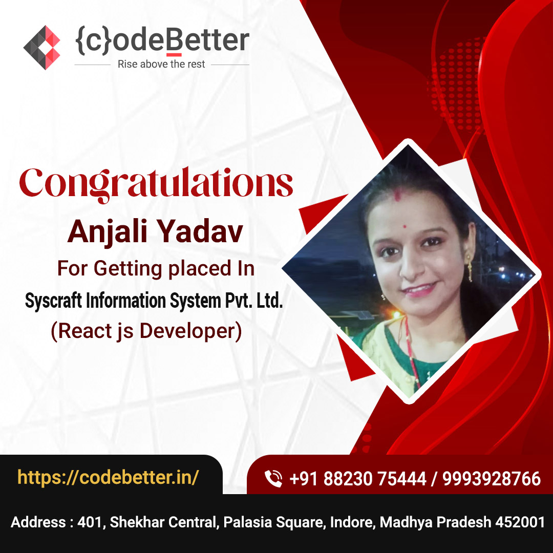 codebetterindia's tweet photo. Congratulations @ Anjali Yadav for tracking your way towards success with #CodeBetter!

Contact us:+91 88230 75444
Visit Website:https://t.co/hdpAKMzonY

#softwareDeveloper #ReactJS #softwareengineer #iOSDeveloper #Jobseeker #iOSTraining #reactjsdeveloper https://t.co/oYTeBMbiiq