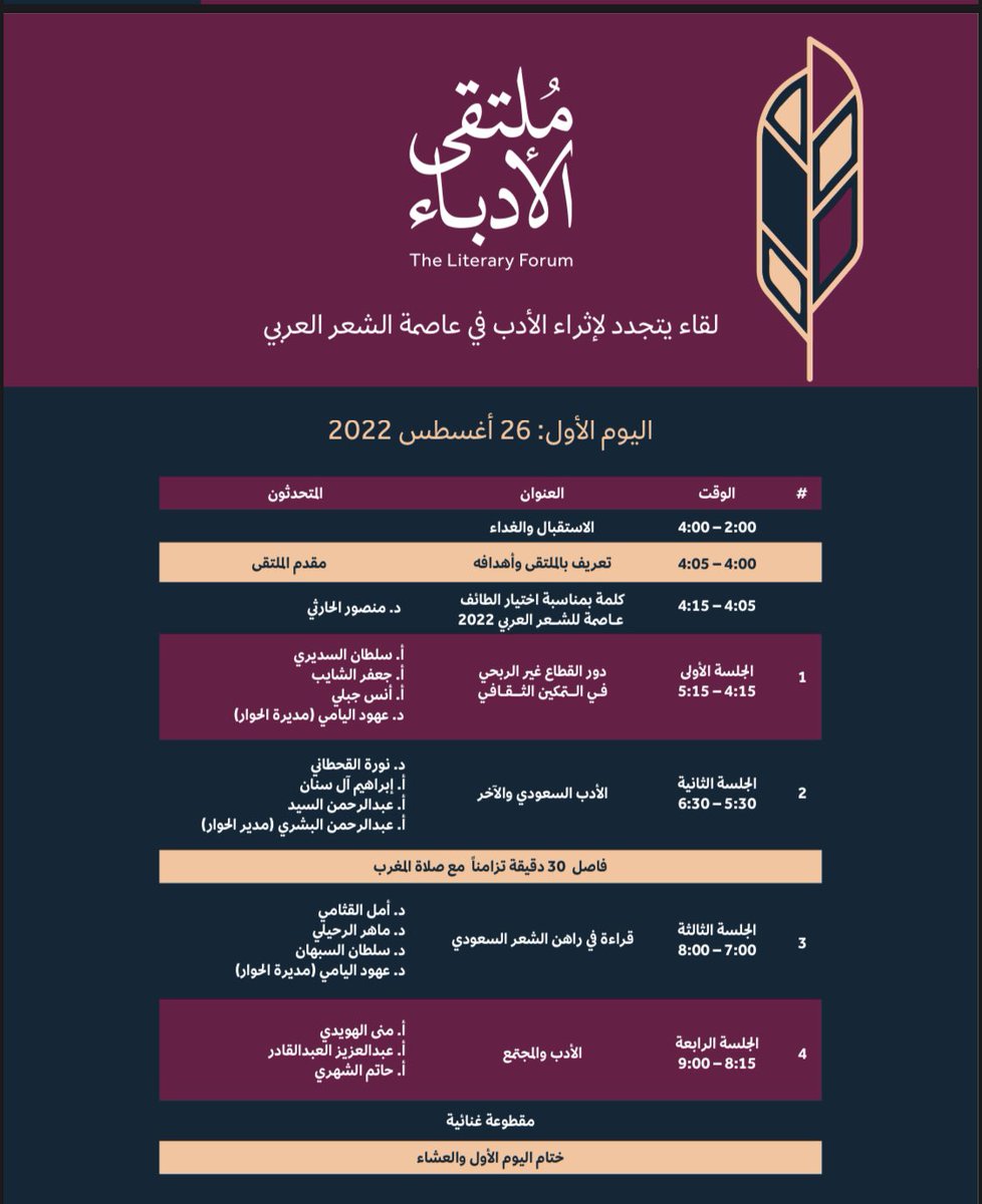 algahtaninoura's tweet photo. احتفاء بالطائف عاصمة للشعر العربي،تستضيف #أكاديمية_الشعر_العربي ملتقى الأدباء لمناقشة قضايا الأدب السعودي،وتسعدني المشاركة مع نخبة من الباحثين والأدباء في الجلسة الثانية للحديث عن(الأدب السعودي والآخر)،وهو موضوع جدير بالحوار للوقوف على مكانته عالميًا. 
#هيئه_الادب_والنشر_والترجمه https://t.co/4ibyHiAe92
