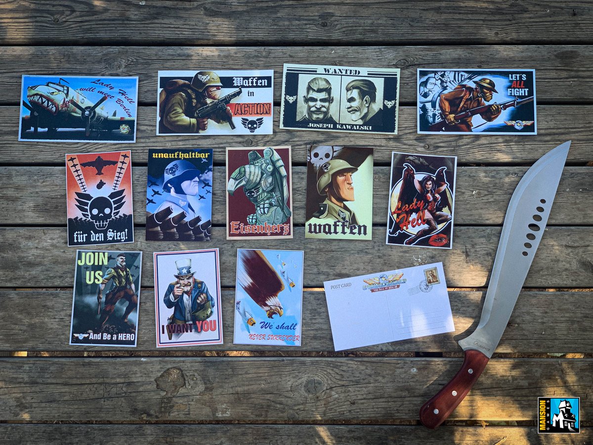 MansionGames's tweet photo. The final prototypes of the #OperationHighjump 🪂#Kickstarter rewards 💎have started arriving at HQ!

Today we introduce you to the #WW2 postcard ✉️collection

Designed ✏️based on real propaganda adapted them to the game universe

Which one would you choose to send us to front🪖? https://t.co/TA3C4iMk8D