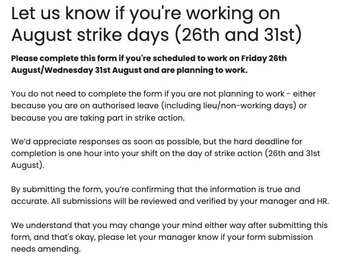 Our advice to members and non-members who support our action is to ignore this disgraceful email. A company that claims to be trade union-friendly is essentially trying to get around the law that protects trade unionists from revealing their membership or intentions to strike.