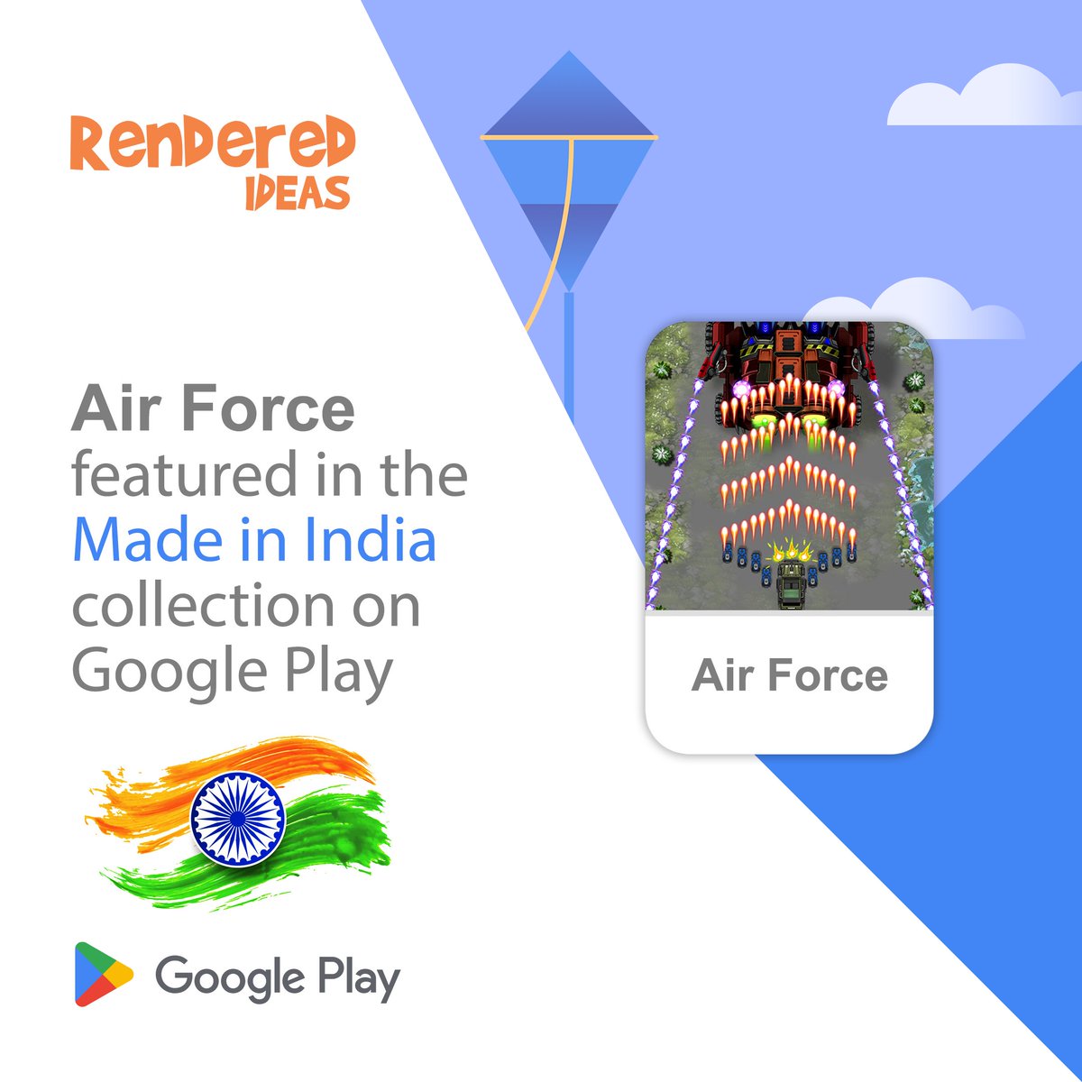 RenderedIdeas's tweet photo. We are proud to announce that Air Force has been featured in the Made In India collection on #GooglePlay๐.
Download and play now๐ฎ: https://t.co/uvUNpnTgHw
#MadeinIndiaCollection #videogames #android #gaming #IndiaKiUdaan #mobilegame #india #google #madeinindia #gamingindustry https://t.co/YuHpsacvaK