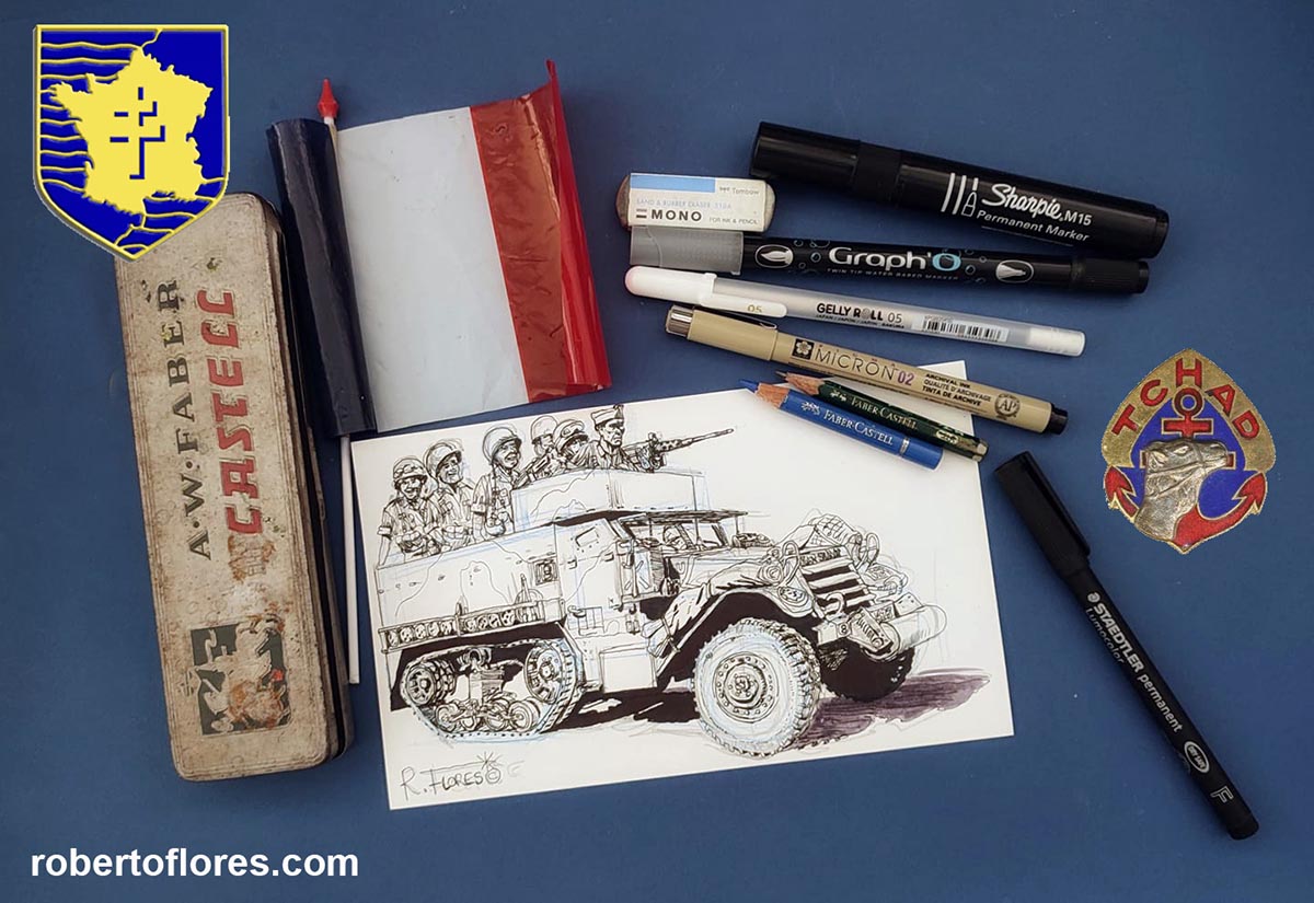 FloresToons's tweet image. #24Août...#Liberation de Paris...“Dronne, filez droit sur Paris!Entrez dans Paris!!” Vive la #2émeDB #GeneralLeclerc! Vive #LaNueve! Un petit dessin hommage aux Cosaques du capitaine #RaymondDronne. La semi-chenille "Cap Serrat", nº 409423 @museeML @Paris @museedesblindes