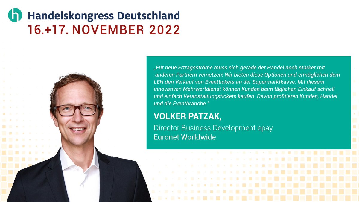 hkd_deutschland's tweet photo. 📢#Referentenstatement von Volker Patzak, @epay_now über die #Vernetzung von #Handel & anderen Partnern.
💬Den gesamten Beitrag von @epay_now können Sie am 16. & 17. November auf dem #Handelskongress Deutschland live in #Berlin erleben.
ℹ️ Programm unter: https://t.co/1TAzRXG1fJ https://t.co/MTj30Qooqt