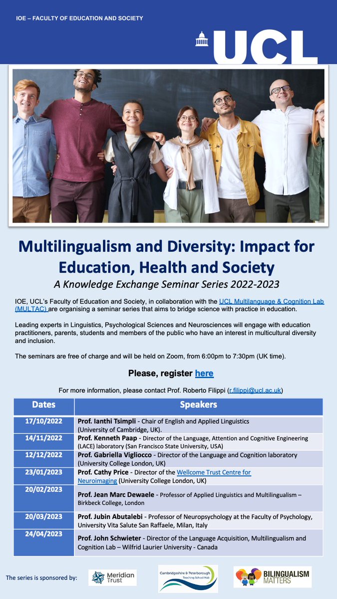 Multilanguage and Cognition Lab (MULTAC) (@mmultac) on Twitter photo IOE/MULTAC Seminar Series on Multilingualism and Diversity.
Free registration now open: eventbrite.co.uk/e/multilingual… IOE/MULTAC Seminar Series on Multilingualism and Diversity.
Free registration now open: eventbrite.co.uk/e/multilingual…
