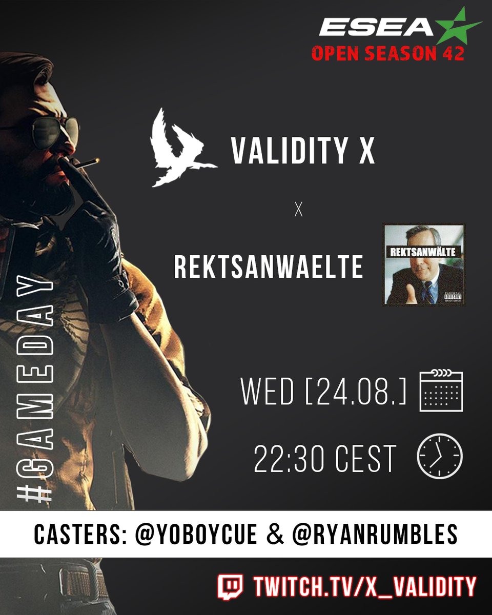 X_Validity's tweet photo. Hey, theres been reschedule for todays ESEA game. 
Here is the updated time:
🆚 REKTSANWAELTE 🇩🇪
🕘 22:30 CEST / 23:30 EEST ✅
Still on 🎙️ @YoBoyCue  / @RyanRumbles  🔥
📺 https://t.co/IJDKqnx1Fr
Will @FlamR_cs live up to the hype? Join the stream! https://t.co/1mBykj5Dkp