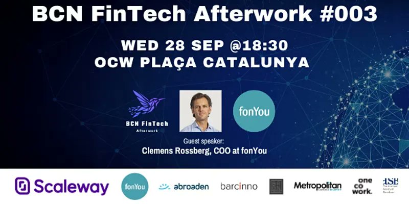Barcinno's tweet photo. BCN #FinTech Afterwork 🤝 returns next month in style with speaker Clemens Rossberg of @fonYou. There'll be a Q&amp;A, #networking, drinks &amp; snacks 🍕. Plus, it's free! Sign up here: https://t.co/NLfONy4neK https://t.co/G2RU6ZBMSV