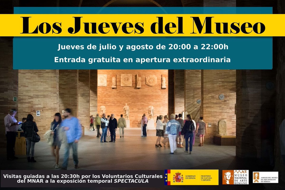 Turismo_Merida_'s tweet photo. 🔴 Mañana, jueves 25 de agosto, es el último día para disfrutar de #LosJuevesDelMuseo y realizar a las 20:30 horas una visita guiada a la exposición #Spectacula 🖼️. ¿Te lo vas a perder? 

@MuseoRomano https://t.co/JbSrFynWZO