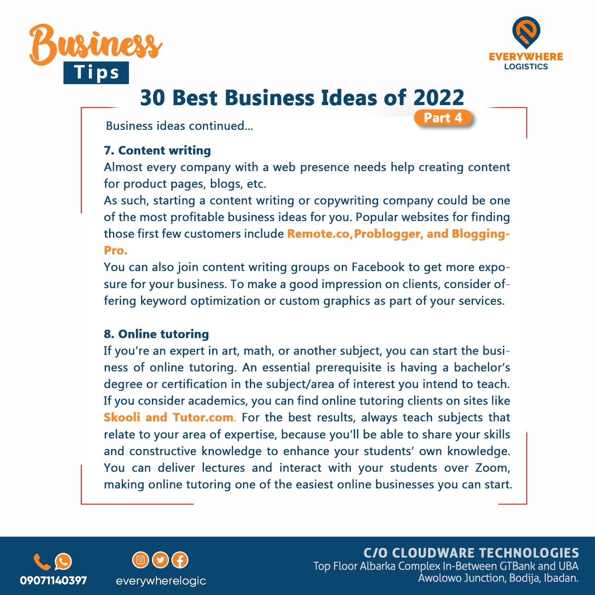 everywherelogic's tweet photo. Looking to start a business? 
Follow @everywherelogic for more business ideas.
#business
#businesstips
#everywherelogistics
#safedelivery
#ibadandispatchriders https://t.co/Wp2BdW8ZrP