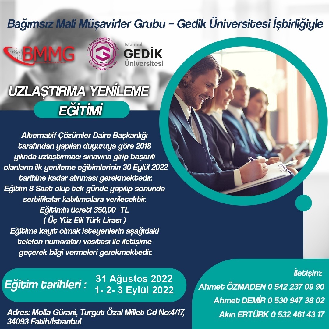 Grubumuz Gedik Üniversitesi işbirliği ile daha önce uzlaştırmacı sınavından başarılı olanların yenileme eğitimleri planlanmış olup, detaylar görselde paylaşılmıştır.

Not: Eğitim Dernek merkezimizde yapılacaktır.

#uzlaştırmacıeğitimi #uzlaştırma #uzlaştırmacı #bmmgrubu #fypシ