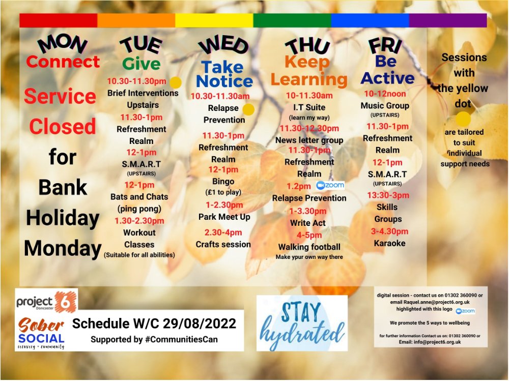 eastareateam's tweet image. Project 6 Services week commencing the 29th August- please see poster below for further details #doncaster #doncasterisgreat #project6 #sobersocial