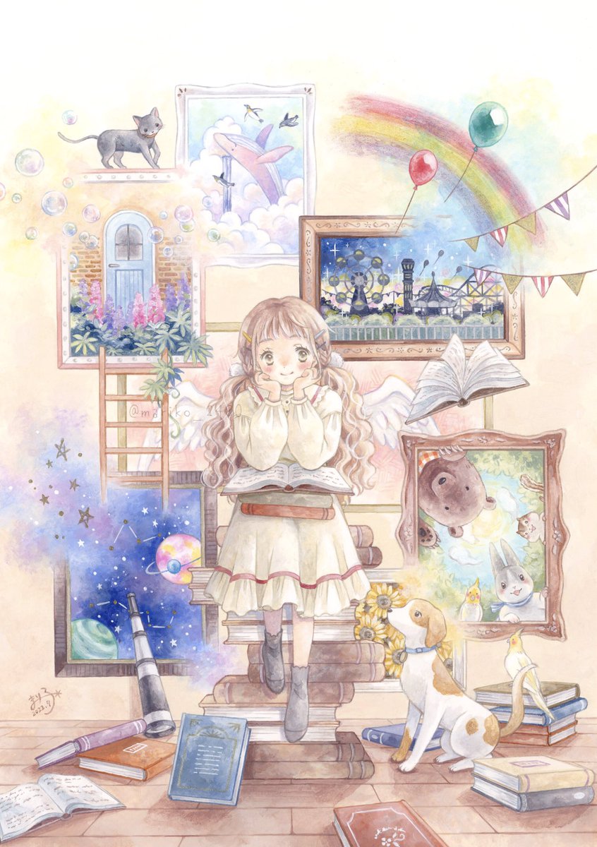 創作イラスト(原画) アクリル絵の具イラスト 8月の終わりにあなたの作品見せてくださいアクリル絵の具で女の子の