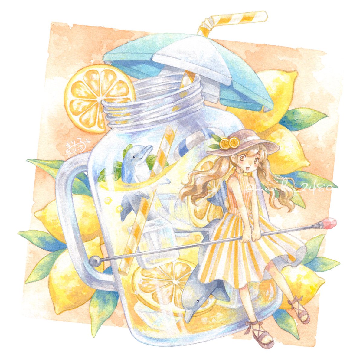 8月の終わりにあなたの作品見せてくださいアクリル絵の具で女の子の