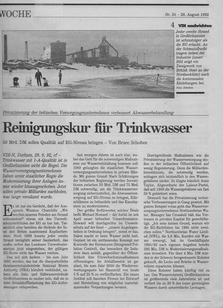 BruceScholten's tweet photo. German paper VDI-Nachrichten (1992) had me investigate UK water privatisation led by Thatcher's minister Michael Howard. Opposition to EEC water standards made me more cynical. My article began by quoting Churchill: 'We shall fight them on the [dirty] beaches...' https://t.co/EFzwgeD505