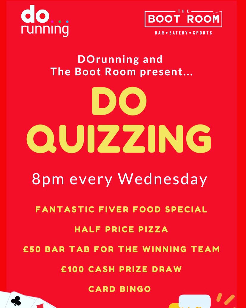dorunning19's tweet photo. Wednesday is @dorunning19 quiz night down in the @TheBootRoomBar1… 🙌 

Absolutely open to all, it’s great fun with fantastic &amp; unrivalled prizes…and it’s completely FREE 😳

🎤 @desoldham will be keeping you all entertained on what promises to be another good one… 🤪 https://t.co/jXH9WZUJnF