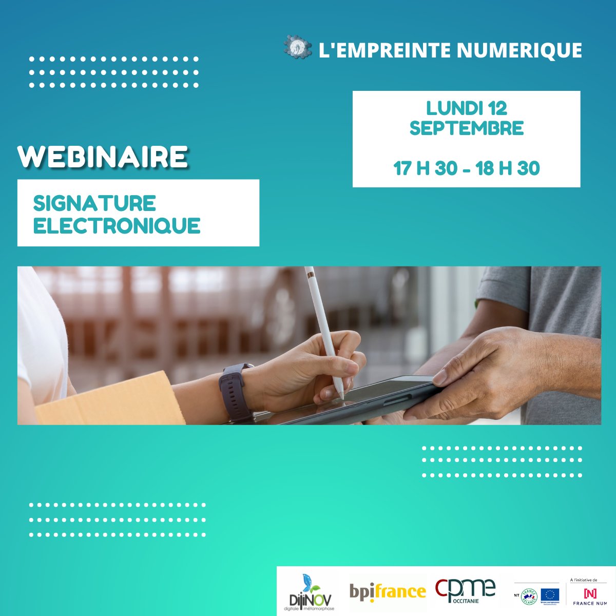 #EmpreinteNumérique 

Les Ateliers Webinaires sont de retour ! 💥

Nous vous attendons nombreux pour fêter la rentrée avec :

🔏La signature électronique, comment ça marche?  

📅Lundi 12 Septembre 
🕰️17h30 - 18h30
💻 En visio 
➡️Inscription ici 

eventbrite.fr/e/395924891007