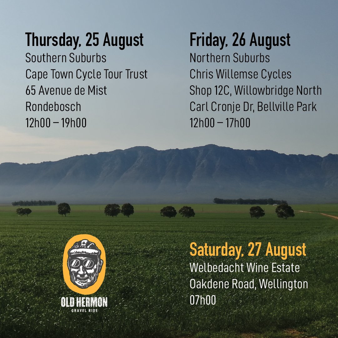 ctcttrust's tweet photo. Registration for the Old Hermon Gravel Ride kicks off tomorrow at the Cape Town Cycle Tour Trust office. If you haven’t secured an entry yet to this weekend’s ride, late entries are available online and at the registration venues. 
Enter here: https://t.co/GsFAeM4SiY https://t.co/rgmiUfz5Fs