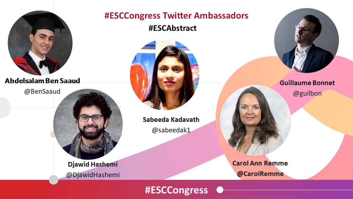 escardio's tweet image. 17/18
And now for the #ESCAbstract track-please follow our Ambassadors @CarolRemme @sabeedak1 @BenSaaud @guilbon @DjawidHashemi 👍

They'll tweet on some of the most exciting abstracts from #ESCCongress and we hope you will join the discussion with them 🤗