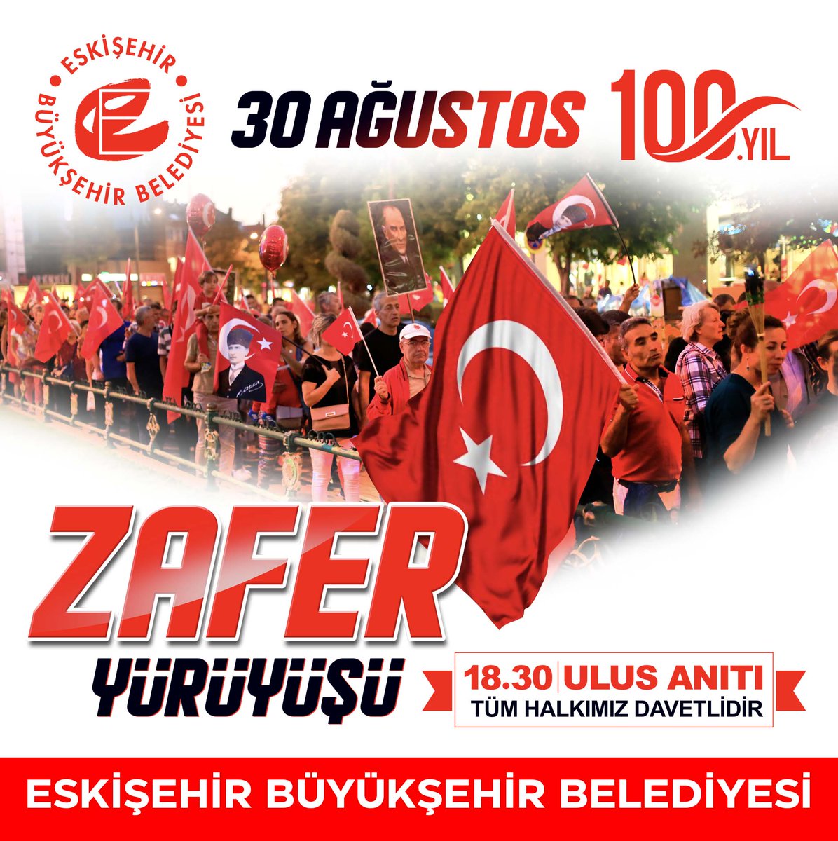 eskisehirbb's tweet photo. Eskişehir tam 100 yıldır Ata'sının izinden yürüyor! 🇹🇷

30 Ağustos Zafer Bayramımızın 100. yılında Zafer Yürüyüşü'nde bir araya geliyoruz. Cumhuriyet sevdalısı tüm hemşehrilerimizi Ulus Anıtı'na bekliyoruz.

🗓️ 30 Ağustos 2022 Salı
⌚ 18.30 https://t.co/GQISdnLwXR