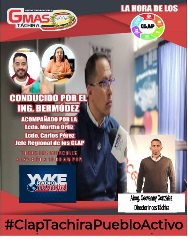 #24agosto #Miércoles de "La Hora de los Clap" a partir de las 8 am encuentranos por la 94.5 FM <a href="/YvkeTachira/">Yvke Tachira</a> para conversar con nuestro invitado el Abog. Geovanny González Director del <a href="/IncesTachira3/">IncesTachira</a> 
¡Los Esperamos!
#ClapTachiraPuebloActivo 
<a href="/carlosperez_ch/">Carlos Alfonso Pérez</a> 
@SoyComunicadorClap